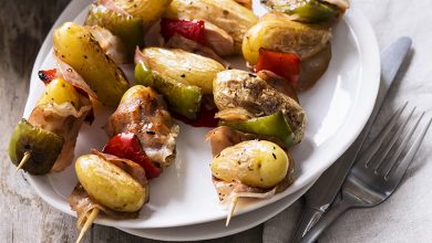 Brochettes pommes de terre, poivron bacon