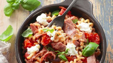 Fusilli Jambon de Parme, aubergines burrata