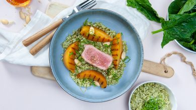 Médaillon de veau pêches grillées amandes, risotto vert