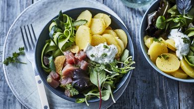 Poke bowl pommes de terre, thon crème de Feta