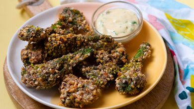 Croquettes de bimis noisettes pistaches, mayonnaise aux herbes