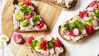 Gigot d’agneau Bio tartine, jeunes pousses, framboises, fèves, brousse