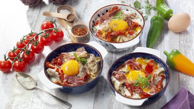 Œufs cocotte artichauts poivrades, Jambon de Parme Pecorino