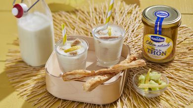 Smoothie concombre émietté de thon citron Nautilus gressin maison