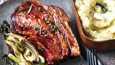 Longe de porc Bio sirop d’érable, tombée de choux pak choï noisettes, écrasé de pommes de terre