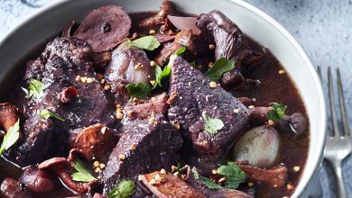 Bourguignon de bœuf Bio champignons des bois, écrasé de butternut aux marrons