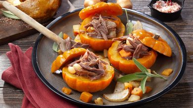 Mini-potirons farcis au Confit de canard effiloché légumes d’automne