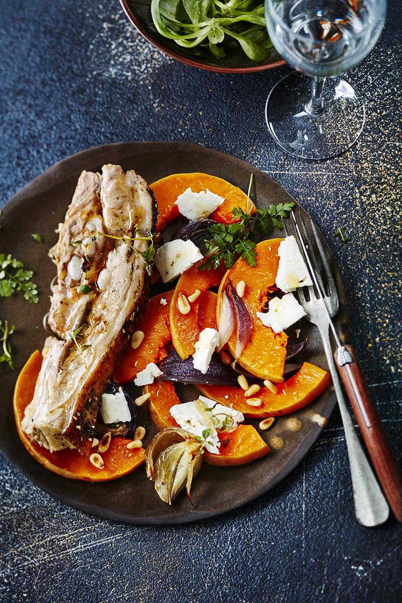 Tendrons de veau Bio rôti, butternut rôties, féta pignons