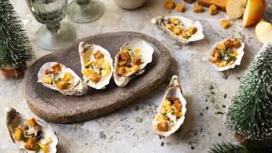 Huîtres chaudes champagne pommes poêlées & pain d’épices