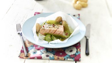 Papillote de saumon infusée thé matcha Ratte du Touquet rissolées