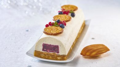 Bûche vanille-fruits rouges biscuit madeleines St Michel croustillant galettes St Michel