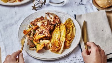 Endives braisées à l’orange, filet de cailles champignons et cognac