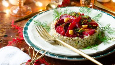 Gravlax de saumon betterave, boulgour, quinoa pois chiches à l’orange
