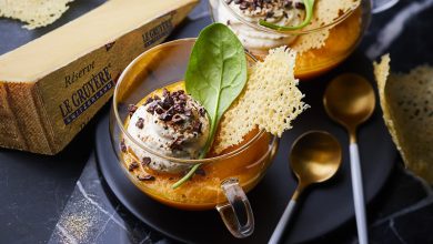 Verrines de butternut, chantilly Foie Gras chips de Gruyère AOP Suisse