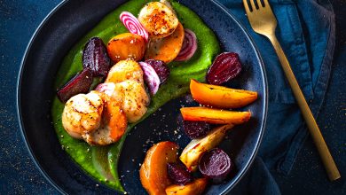 Noix de Saint-Jacques betteraves poêlées, purée de cresson Fleur de sel Le Guérandais