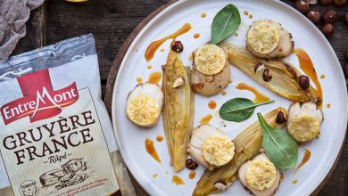 Saint-Jacques chips de Gruyère Entremont, endives et jus d’orange