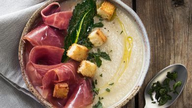 Velouté de topinambour, Jambon de Parme chou noir de Toscane