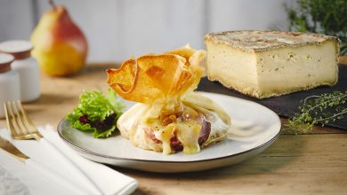 Aumônière, Tomme à la Truffe d’été, poire, Jambon de Savoie