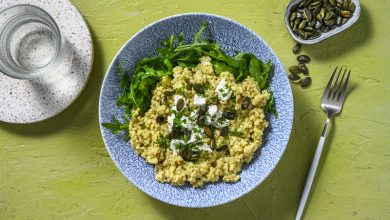 Risotto pesto et chèvre frais avec roquette et citron