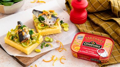 Tarte polenta fondue de poireaux, sardines écorces d’orange et citron Connétable
