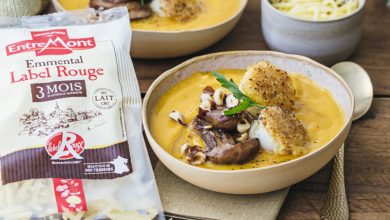 Velouté de butternut, noix de Saint-Jacques croûte de râpé Entremont Label Rouge