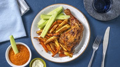 Poulet sauce piri-piri, frites de légumes et concombre