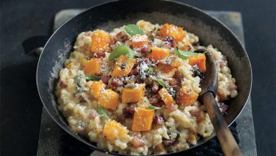 Risotto à l’orge, courge butternut et pancetta au Parmigiano Reggiano