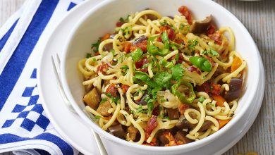 Spaghetti courts aubergines chorizo