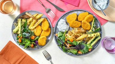 Nuggets de blé sauce ranch frites de courgettes, salade de jeunes pousses