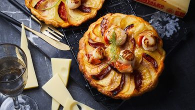 Tartelette fine pommes de terre, chorizo Saint-Jacques à l’Emmentaler AOP Suisse