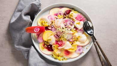Carpaccio de pommes et betteraves multicolores, Saint-Jacques passion-miel