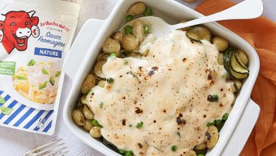 Gratin de gnocchis petits pois, courgettes, oignons nouveaux sauce fromagère nature La Vache qui rit