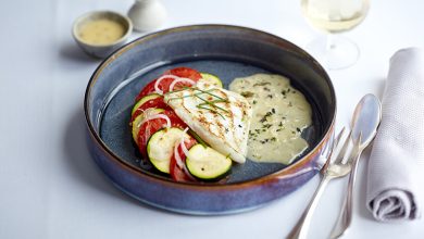 Suprême de turbot grillé, tian de légumes sauce algues