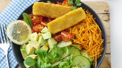 Buddha Bowl bâtonnets de poisson pané Croustibat