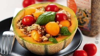 Salade de melon, tomates cerises, mélange 4 céréales précuites tofu au basilic