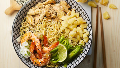 One Pot Pasta Noodle façon asiatique, poulet, crevettes Sbrinz AOP