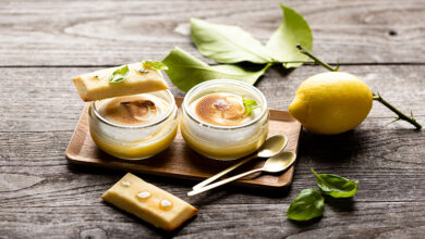 Tarte meringuée citron de Corse, biscuit financier gelée basilic citron