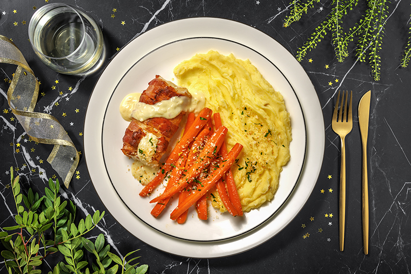 Cabillaud croûte de lard & purée avec du pangrattato carottes glacées