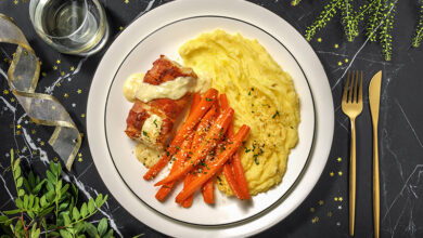 Cabillaud croûte de lard & purée avec du pangrattato carottes glacées