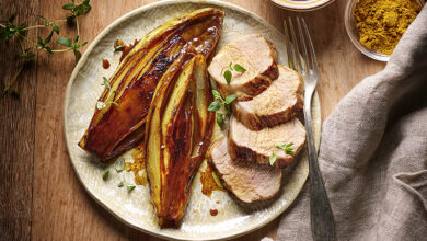 Endives braisées curry et miel, tranches de filet mignon