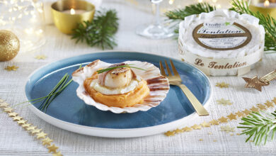 Noix de Saint-Jacques lardées Tentation de Saint-Félicien fondu, purée de patate douce