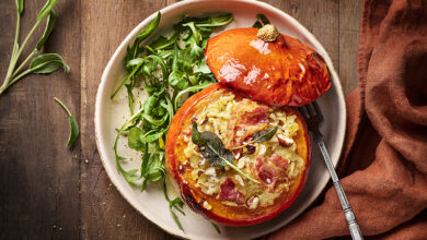 Potimarron farci au risotto pancetta sauge noisettes