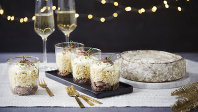 Verrine confit de canard, perles Alpina, Tomme de montagne truffe d’été