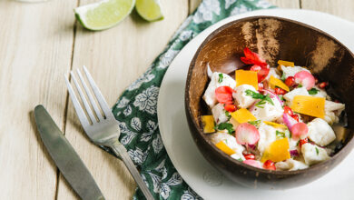 Ceviche de dorade grenade Mimolette Extra-vieille Isigny Sainte-Mère