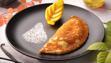 Crêpe soufflée, crème pâtissière, poire miel d’acacia