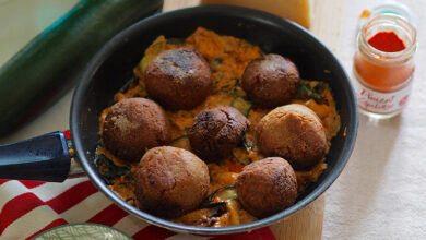 Boulettes Quinoa cœur fondant d’Ossau-Iraty tagliatelles de courgettes
