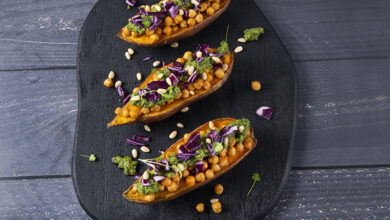 Patates douces pesto, pois chiches brocoli