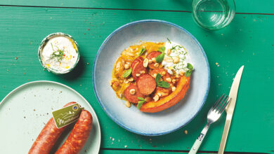 Curry Saucisse de Montbéliard IGP, potimarron rôti, yaourt menthe-citron vert cacahuètes