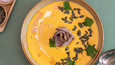 Soupe butternut coco, gigot d’agneau BIO confit graines de courges