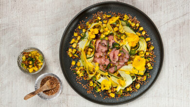 Carpaccio de veau courgettes, vierge de maïs, sarrasin